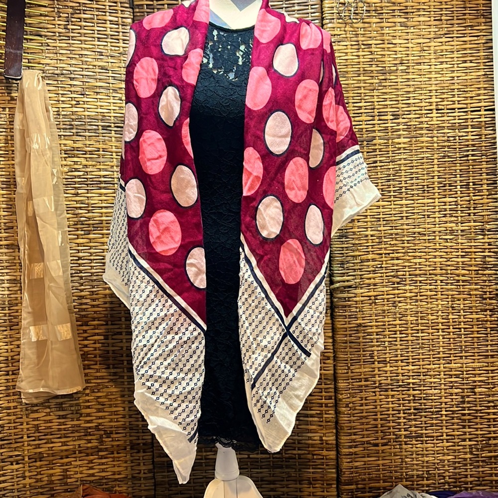 Oversized Square Scarf Pink Polka Dots Navy Blue